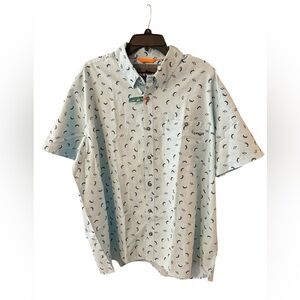 NWT ORVIS UP40 fishing shirt in lt blue fish print XXL button up